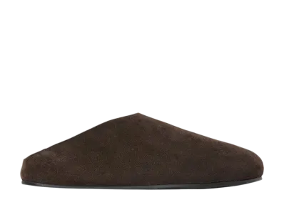 The Row Hudson Slide in Suede and Shearling "Lacquer Brown"