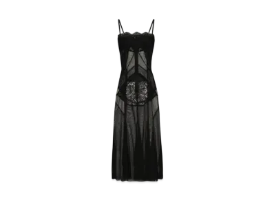 DOLCE&GABBANA Tulle Mesh and Lace Calf-Length Slip Dress "Black"