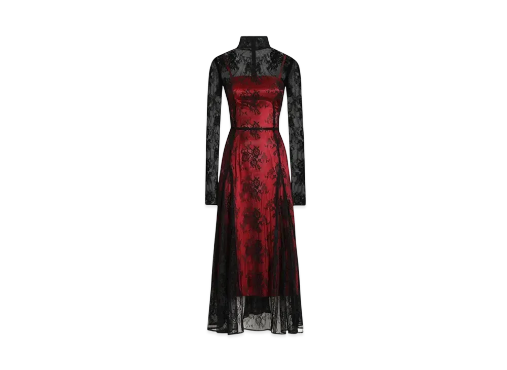 DOLCE&GABBANA Lace Calf-Length Dress With High Neck and Contrasting Lining "Black"