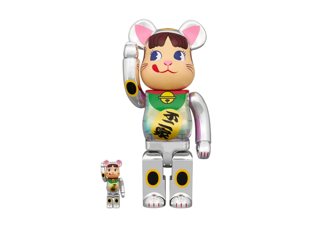 MEDICOM TOY "BEARBRICK" Lucky Cat Peko-chan Silver Plated Luminescent Milky 100% & 400%