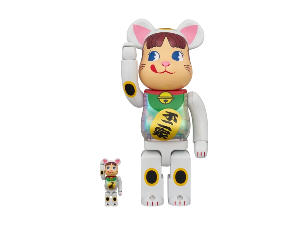 MEDICOM TOY "BEARBRICK" Lucky Cat Peko-Chan White Plated Luminescent Milky 100% & 400%