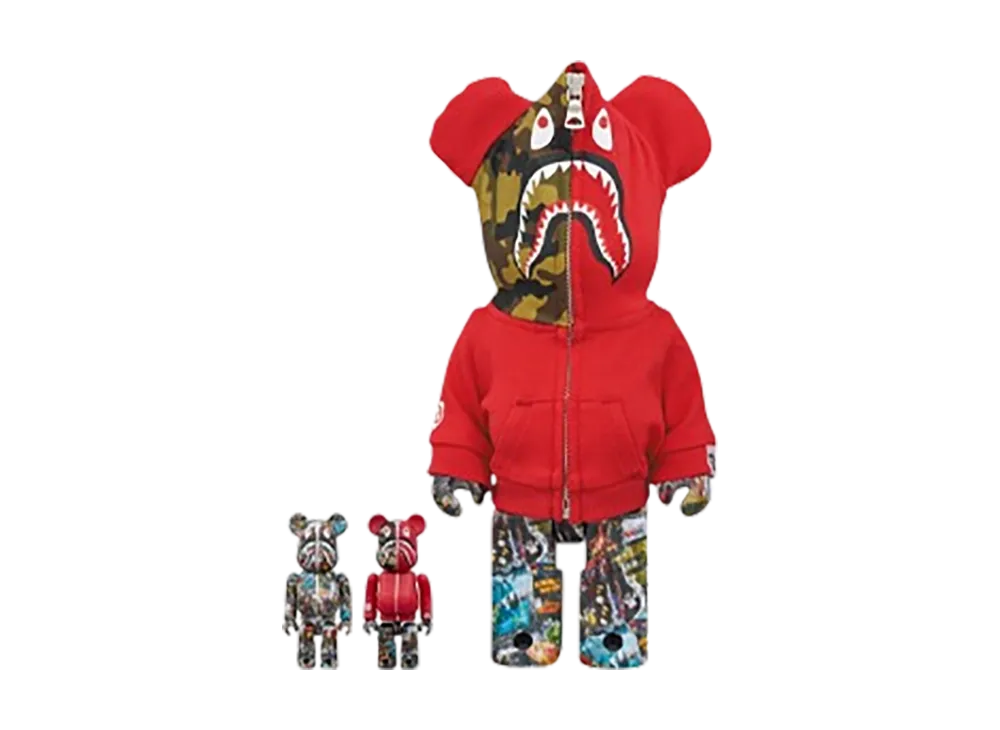 MEDICOM TOY "BEARBRICK" Bape Legacy Camo Shark Red 100% & 400% 3 Pcs Set
