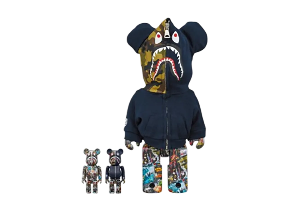 MEDICOM TOY "BEARBRICK" Bape Legacy Camo Shark Navy 100% & 400% 3 Pcs Set