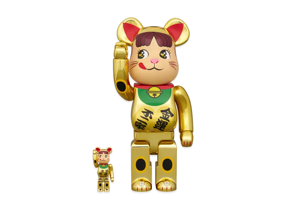 MEDICOM TOY "BEARBRICK" Lucky Cat Peko-Chan Good Luck With Money Double Oval Coin Gold Plated 100% & 400%