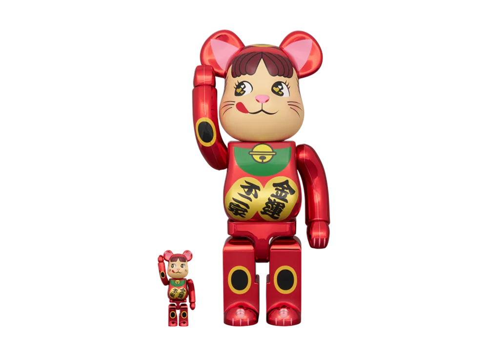 MEDICOM TOY "BEARBRICK" Beckoning Cat Peko-Chan Wealth Luck Double Oval Plum Gold Plated 100% & 400%