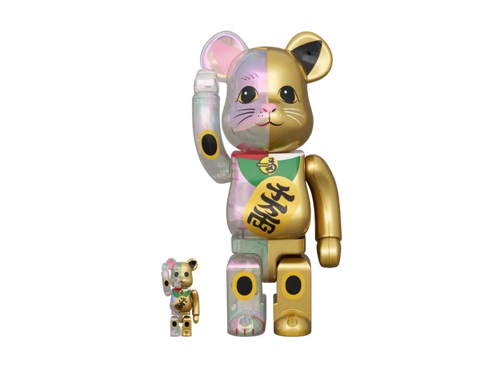 MEDICOM TOY "BEARBRICK" Maneki-Neko (Beckoning Cat) Clear Plating X Gold Paint Ten Man Ryo 100% & 400%