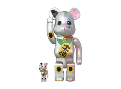MEDICOM TOY "BEARBRICK" Maneki-Neko Silver Paint X Clear Plating Ten Man Ryo 100% & 400%