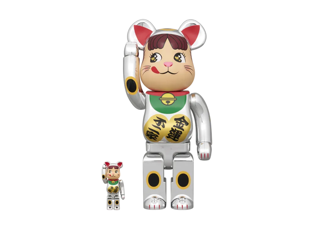 MEDICOM TOY "BEARBRICK" Maneki Neko Peko-Chan Lucky Money Double Oval Silver Plated 100% & 400%