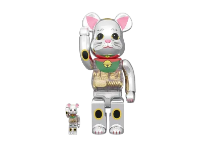 MEDICOM TOY "BEARBRICK" Maneki-Neko (Beckoning Cat) Gold Coin, 10 Million Ryo, Silver Plated, 100% & 400%