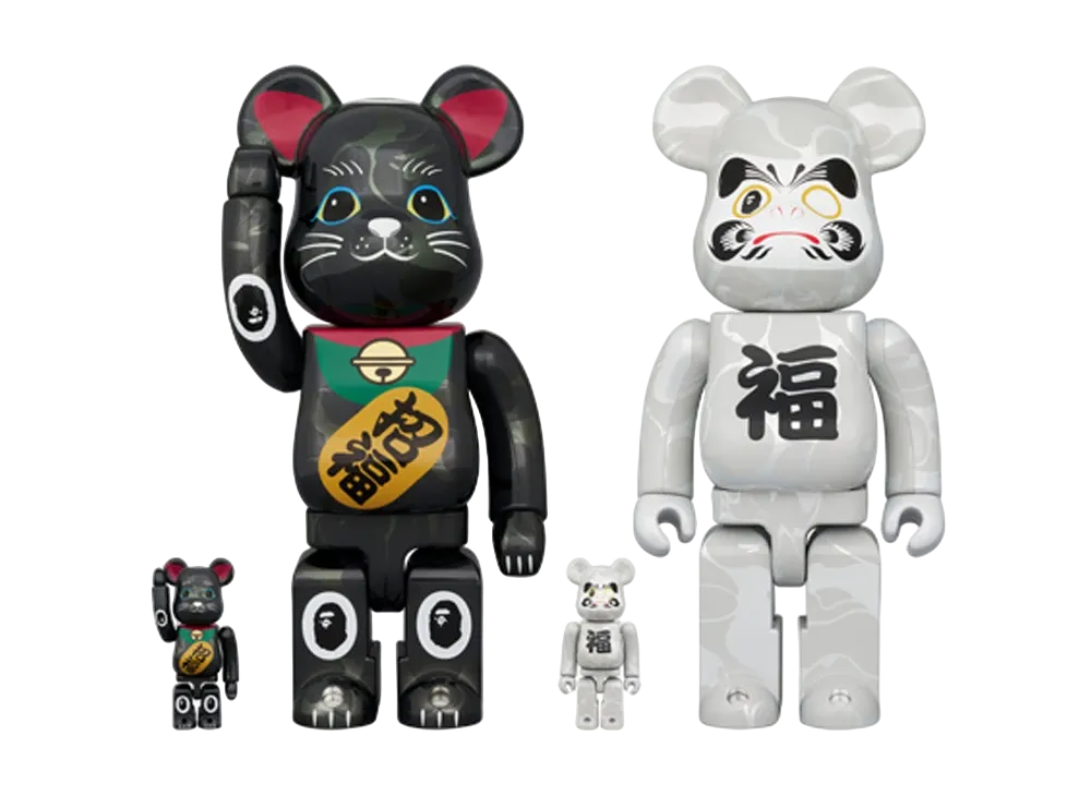 MEDICOM TOY "BEARBRICK" BAPE Lucky Cat Black Plating/Daruma White Plating 100% & 400% (Set of 4)