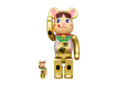 MEDICOM TOY "BEARBRICK" Lucky Cat Peko-chan Gold Plated Luminous Milky 100% & 400%