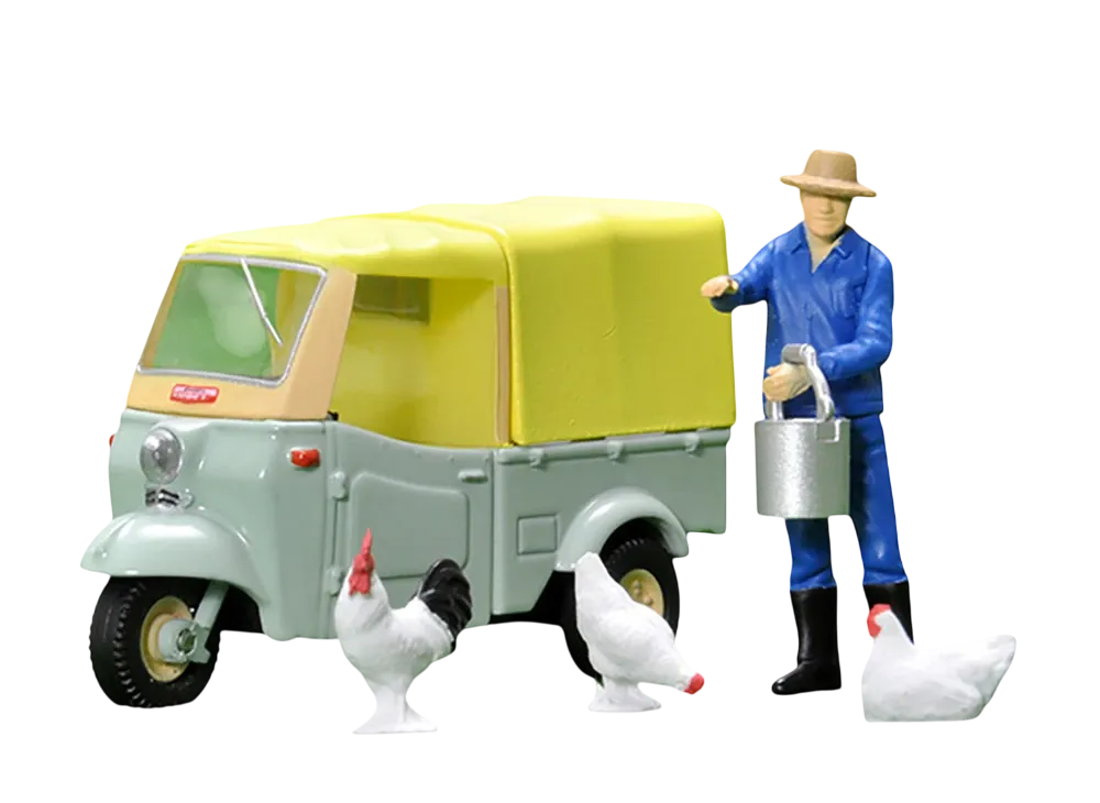 TOMYTEC "TOMICA LIMITED VINTAGE" 1/64 LV-143d Daihatsu Midget (Yellow Green/Beige) With Figure
