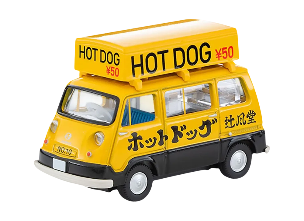 TOMYTEC "TOMICA LIMITED VINTAGE" 1/64 LV-201a Subaru Sambar Light Van Hot Dog Shop (Yellow/Black) With Figure