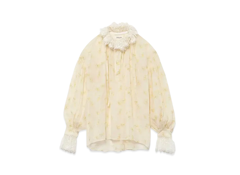 FUMIKA UCHIDA Flower Printed Ruffle High-neck Blouse "Off White"