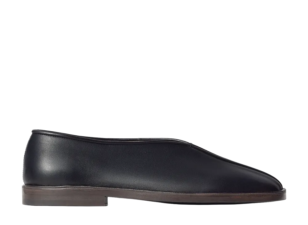 LEMAIRE Flat Piped Slippers in Leather "Black/Dark Chocolate"