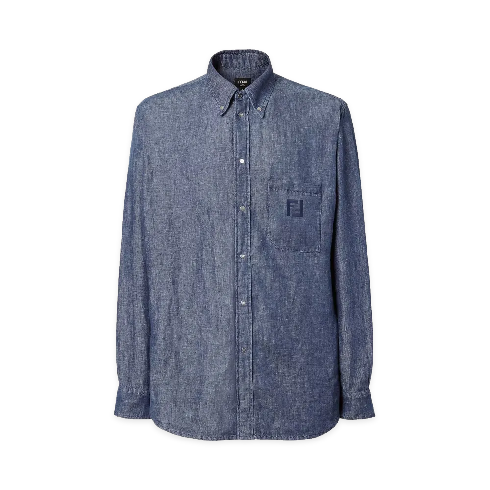 FENDI Comfort Fit Chambray Shirt With Ff Embroidery "Blue"