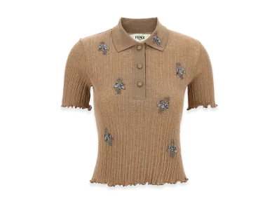 FENDI Women's Floral Embroidery Polo Shirt "Brown"