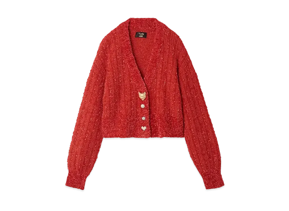 FURFUR x Philly chocolate Cat Button Tweed Cardigan "Red"