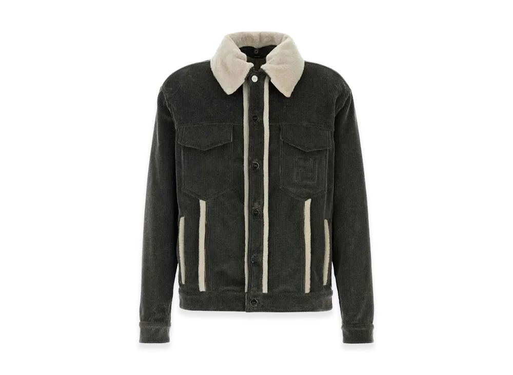 FENDI Faded Stonewash Treatment Corduroy Blouson With Sheepskin Trim Removable Collar "Black"