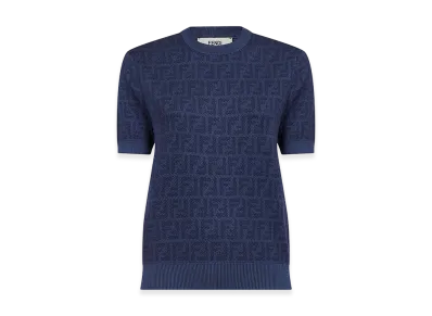 FENDI Women's Jacquard Short Sleeve Sweater "Blue"