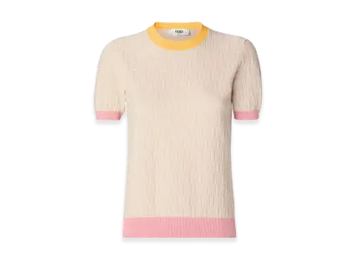 FENDI Women's Crew Neck Cotton And Silk Short Sleeve Sweater "White"