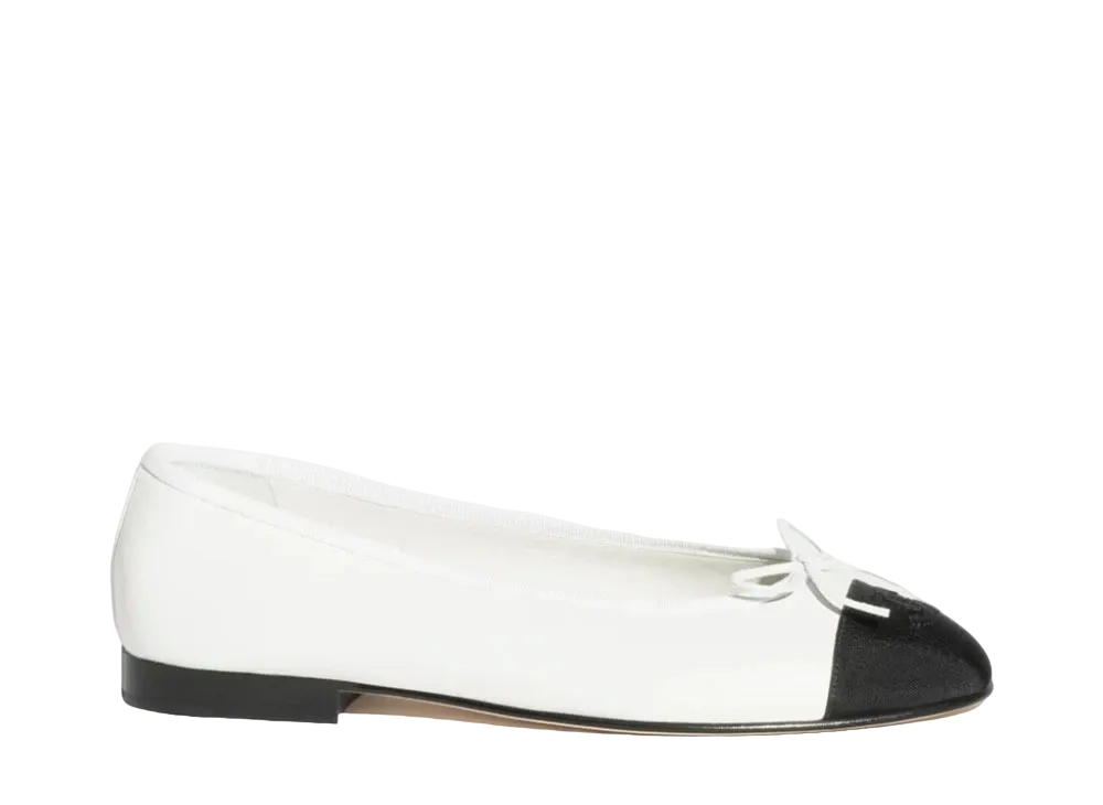 CHANEL Ballet Flats Lambskin & Grosgrain "White/Black"