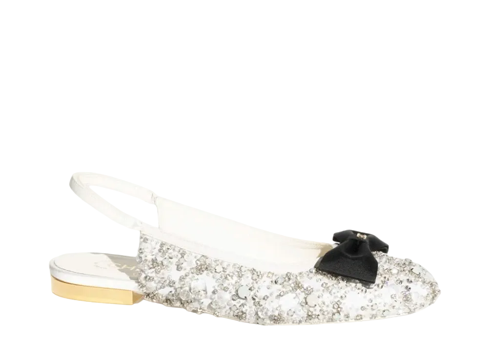 CHANEL Slingbacks Embroidery Strass & Lambskin "White"