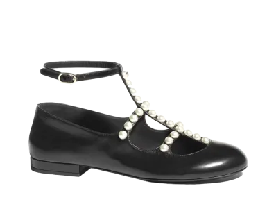 CHANEL Women's Mary Janes Goatskin & Glass Pearls "Black"