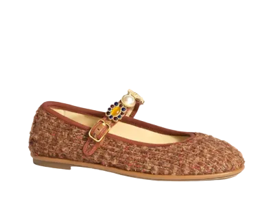 CHANEL Women's Mary Janes Wool Tweed, Imitation Pearls, Strass & Metal "Brown/Red/Dark Blue"