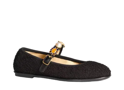 CHANEL Women's Mary Janes Wool Tweed Glass Pearls & Metal "Black"