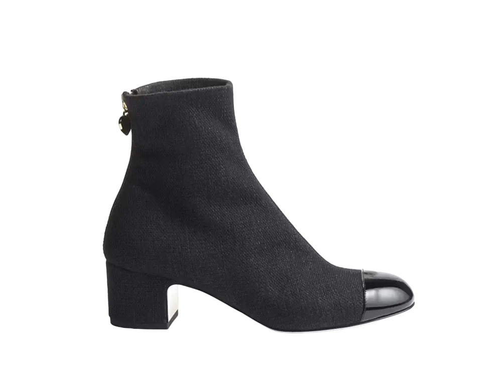 CHANEL Women's Short Boots Glittered Cotton & Patent Calfskin "Black"