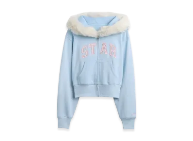 Gap x Sandy Liang Women's Vegan Fur-Trim Crop Zip Hoodie "Harbour Blue"