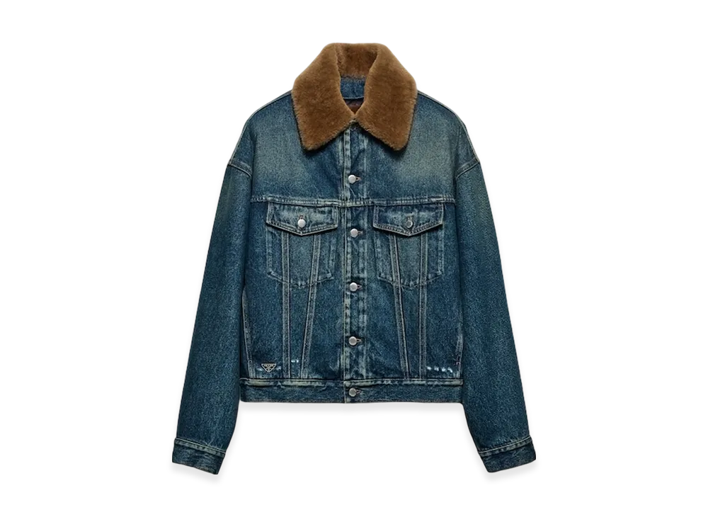 PRADA Padded Denim Blouson Jacket with Shearling Collar "Navy"