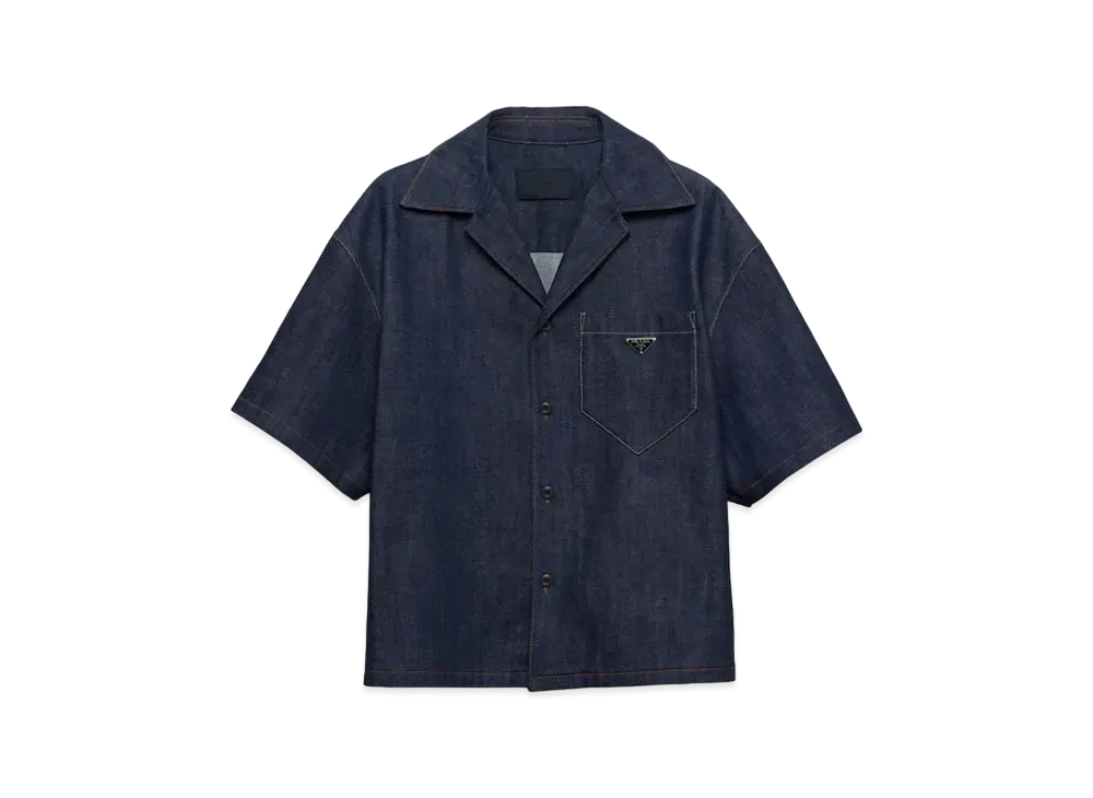 PRADA Men's Short-Sleeved Selvedge Denim Shirt "Navy"