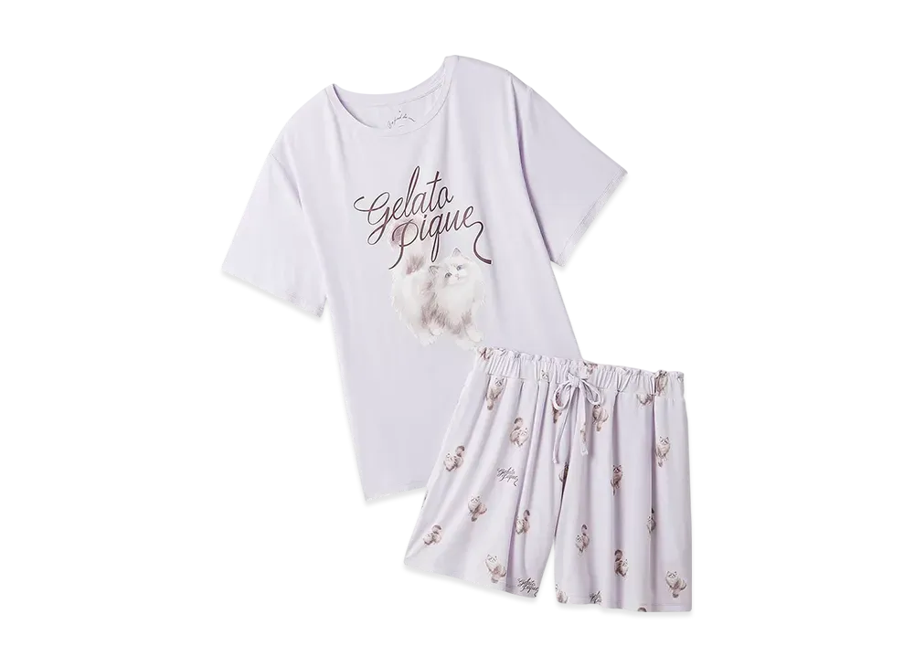 GELATO PIQUE Cat Pattern One-Point T-Shirt & Shorts Set "Lavender"