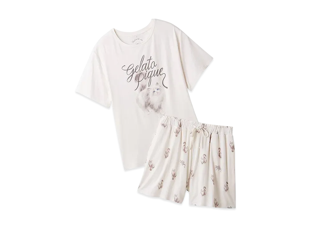 GELATO PIQUE Cat Pattern One-Point T-Shirt & Shorts Set "Ivory"