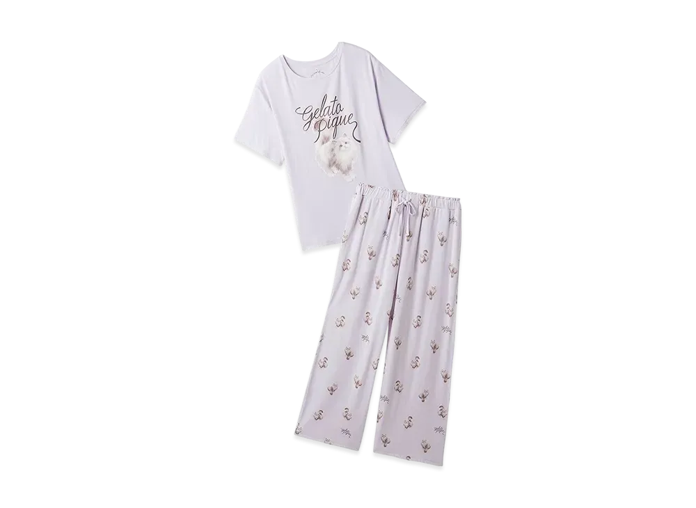 GELATO PIQUE Cat Pattern One-Point T-Shirt & Long Pants Set "Lavender"