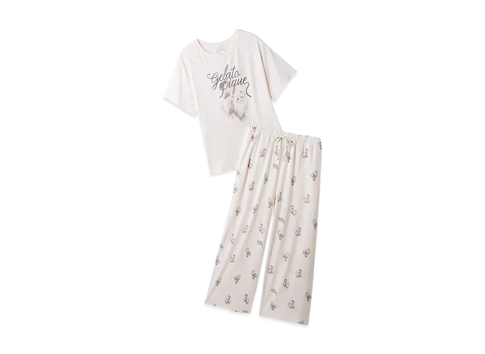 GELATO PIQUE Cat Pattern One-Point T-Shirt & Long Pants Set "Ivory"