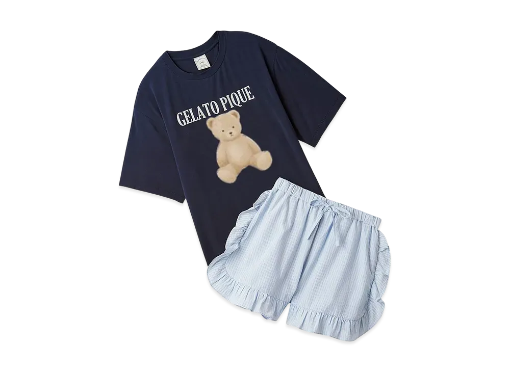 GELATO PIQUE Cool Touch Sensation Bear One Point T-Shirt & Striped Shorts Set "Navy"