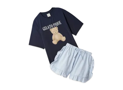 GELATO PIQUE Cool Touch Sensation Bear One Point T-Shirt & Striped Shorts Set "Navy"