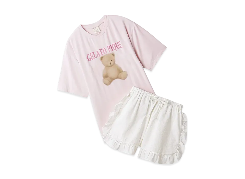 GELATO PIQUE Cool Touch Sensation Bear One Point T-Shirt & Striped Shorts Set "Pink"