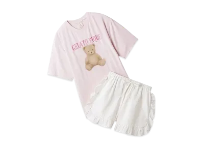 GELATO PIQUE Cool Touch Sensation Bear One Point T-Shirt & Striped Shorts Set "Pink"