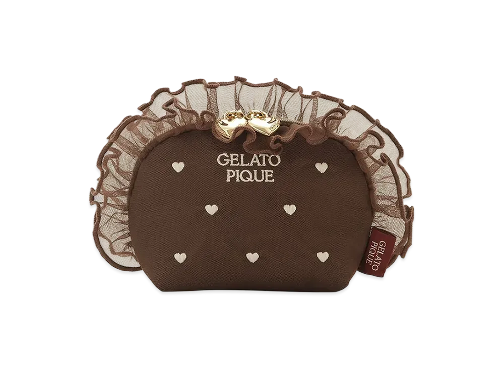 GELATO PIQUE Heart Embroidered Tulle Pouch "Brown"