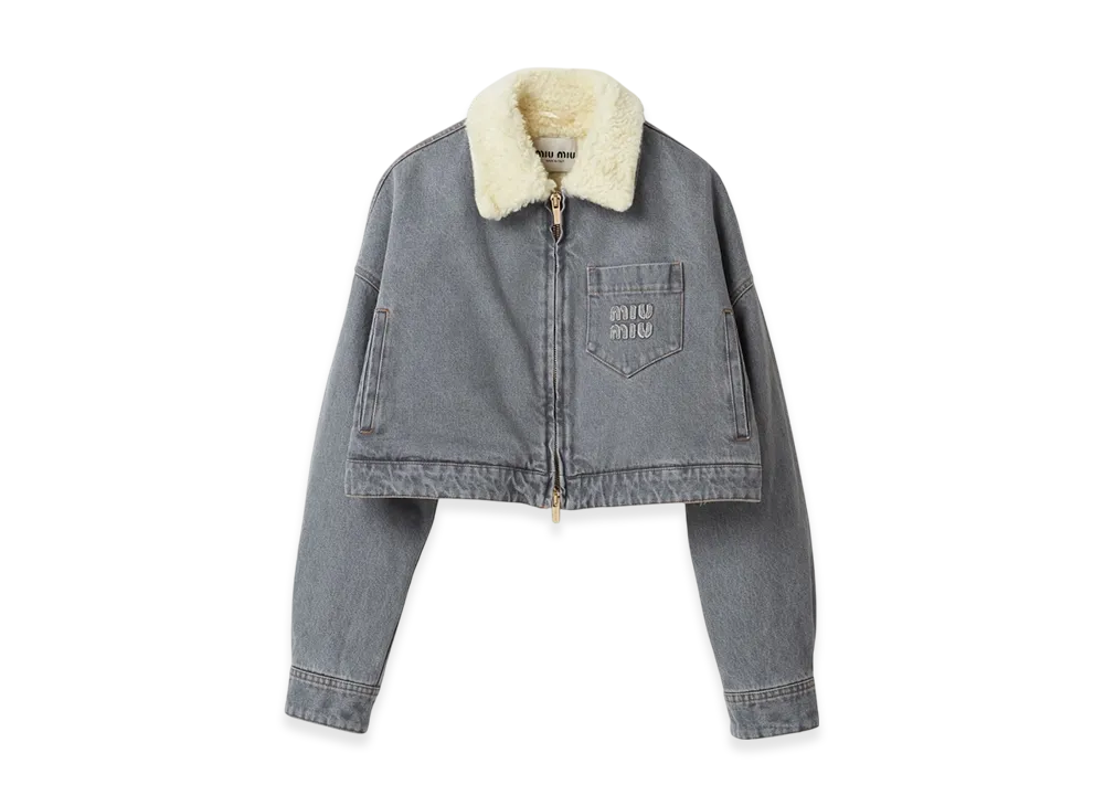 MIU MIU Women's Embroidered Denim Blouson Jacket "Grey"