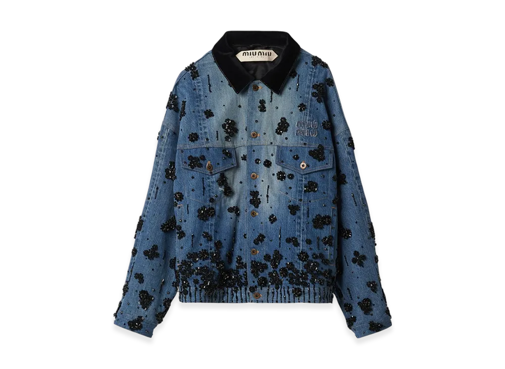 MIU MIU Women's Embellished Denim Trucker Jacket "Navy"