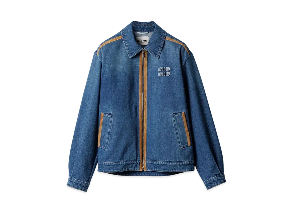 MIUMIU Women's Denim and Leather Blouson Jacket "Blue"
