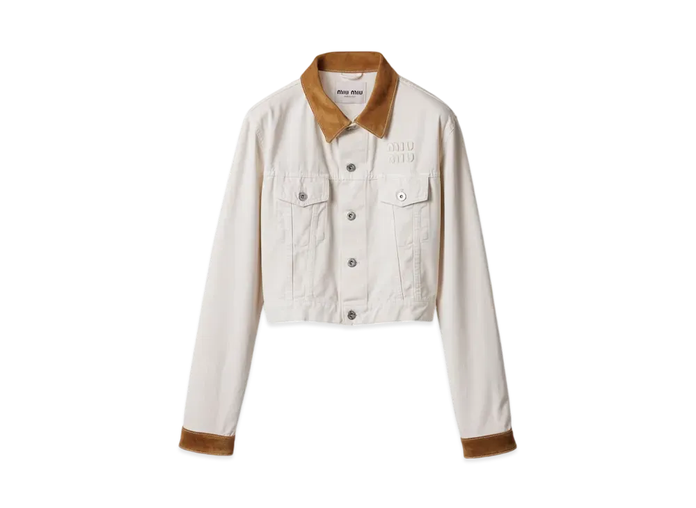 MIUMIU Women's Denim and Leather Blouson Jacket "White"