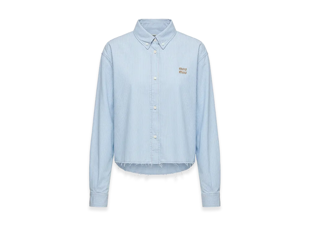 MIU MIU Women's Logo Embroidery Striped Long Sleeve Cropped Shirt "Saxe"