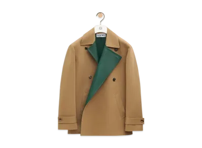 LOEWE Men's Coat in Cotton and Nappa Calfskin "Beige/Khaki Green"