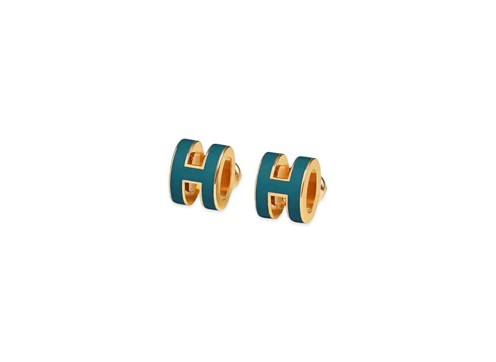 Hermes Mini Pop H Earrings "Gold/Bleu Jean"